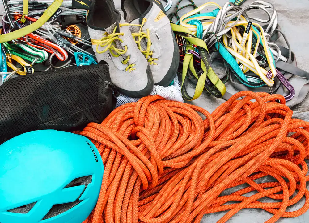 Northface Climbing gear rental desk with climbing shoes and harnesses